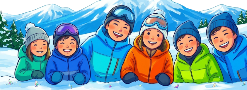 雪山で笑顔の子どもたちのイラスト